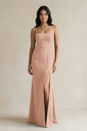 Spaghetti Straps Sheath Stain Bridesmaid Dress With Slit in Champagne Rose - KissProm Bridesmaid Dresses
