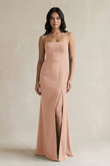 Spaghetti Straps Sheath Stain Bridesmaid Dress With Slit in Champagne Rose - KissProm Bridesmaid Dresses