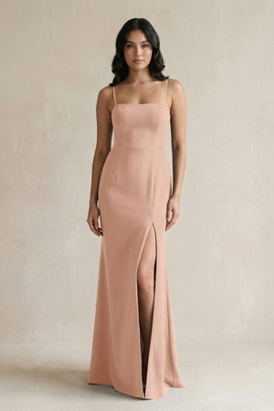 Spaghetti Straps Sheath Stain Bridesmaid Dress With Slit in Champagne Rose - KissProm Bridesmaid Dresses
