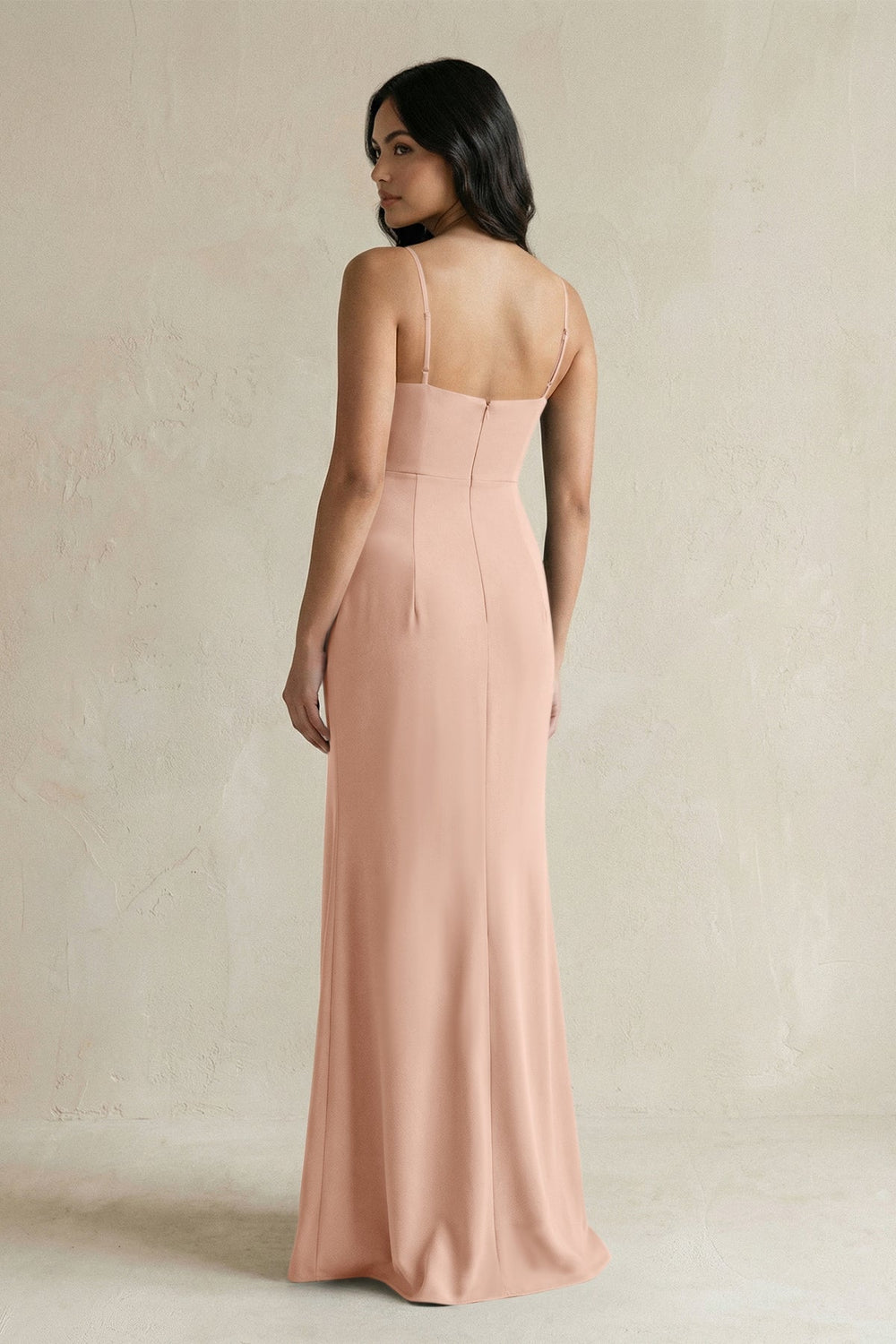 Spaghetti Straps Sheath Stain Bridesmaid Dress With Slit in Champagne Rose - KissProm Bridesmaid Dresses