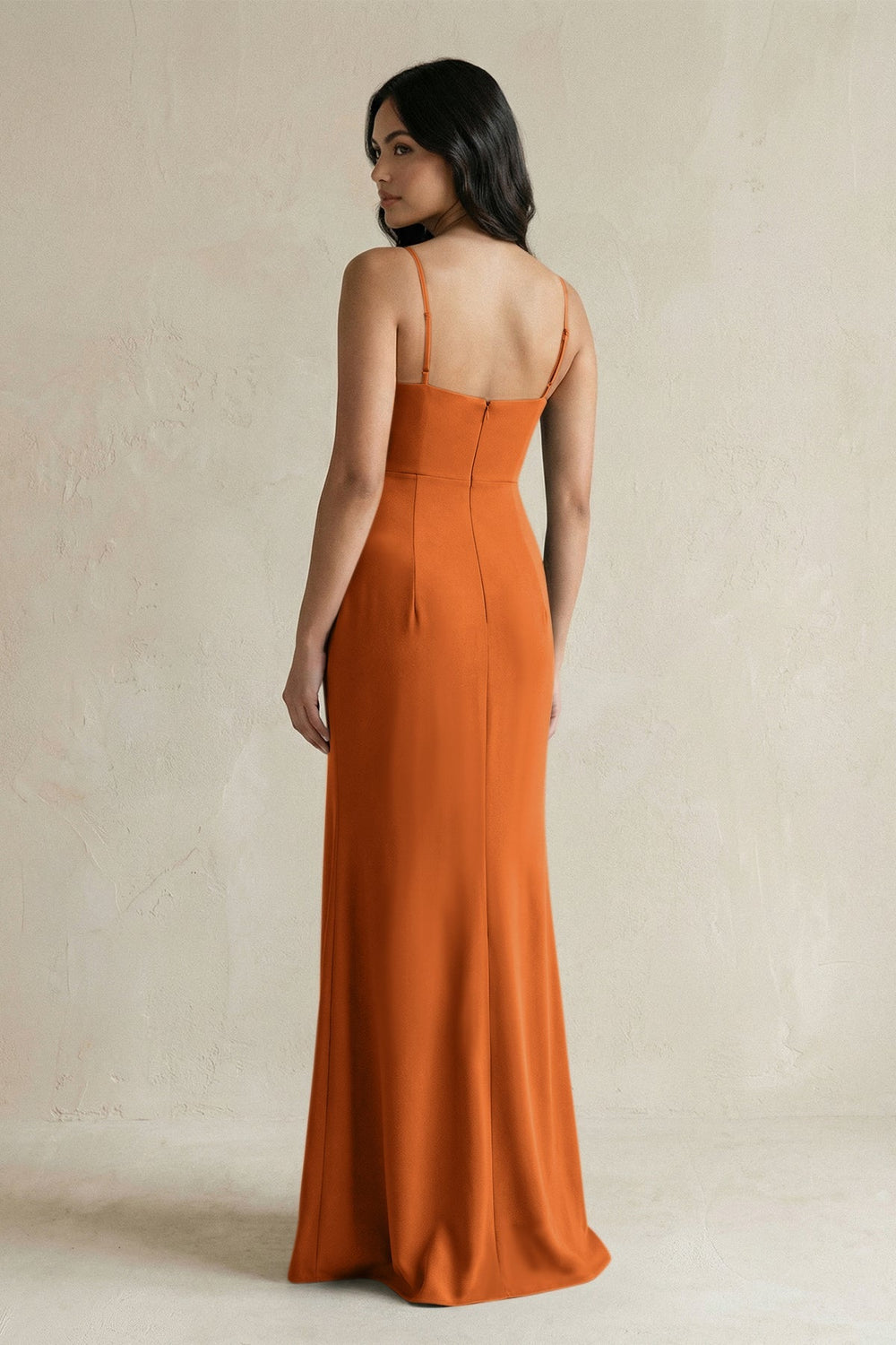 Spaghetti Straps Sheath Stain Bridesmaid Dress With Slit in Cinnamon - KissProm Bridesmaid Dresses