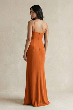 Spaghetti Straps Sheath Stain Bridesmaid Dress With Slit in Cinnamon - KissProm Bridesmaid Dresses