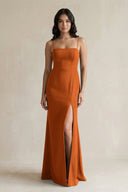 Spaghetti Straps Sheath Stain Bridesmaid Dress With Slit in Cinnamon - KissProm Bridesmaid Dresses