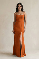Spaghetti Straps Sheath Stain Bridesmaid Dress With Slit in Cinnamon - KissProm Bridesmaid Dresses