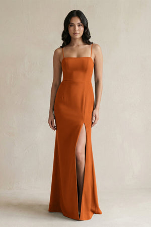 Spaghetti Straps Sheath Stain Bridesmaid Dress With Slit in Cinnamon - KissProm Bridesmaid Dresses