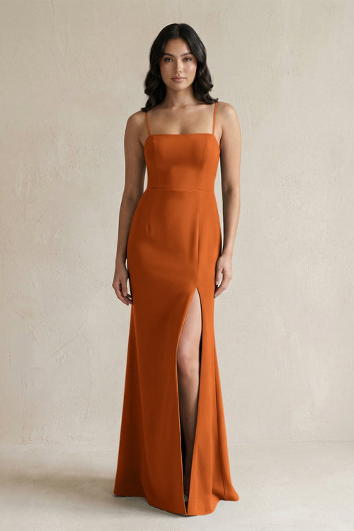 Spaghetti Straps Sheath Stain Bridesmaid Dress With Slit in Cinnamon - KissProm Bridesmaid Dresses