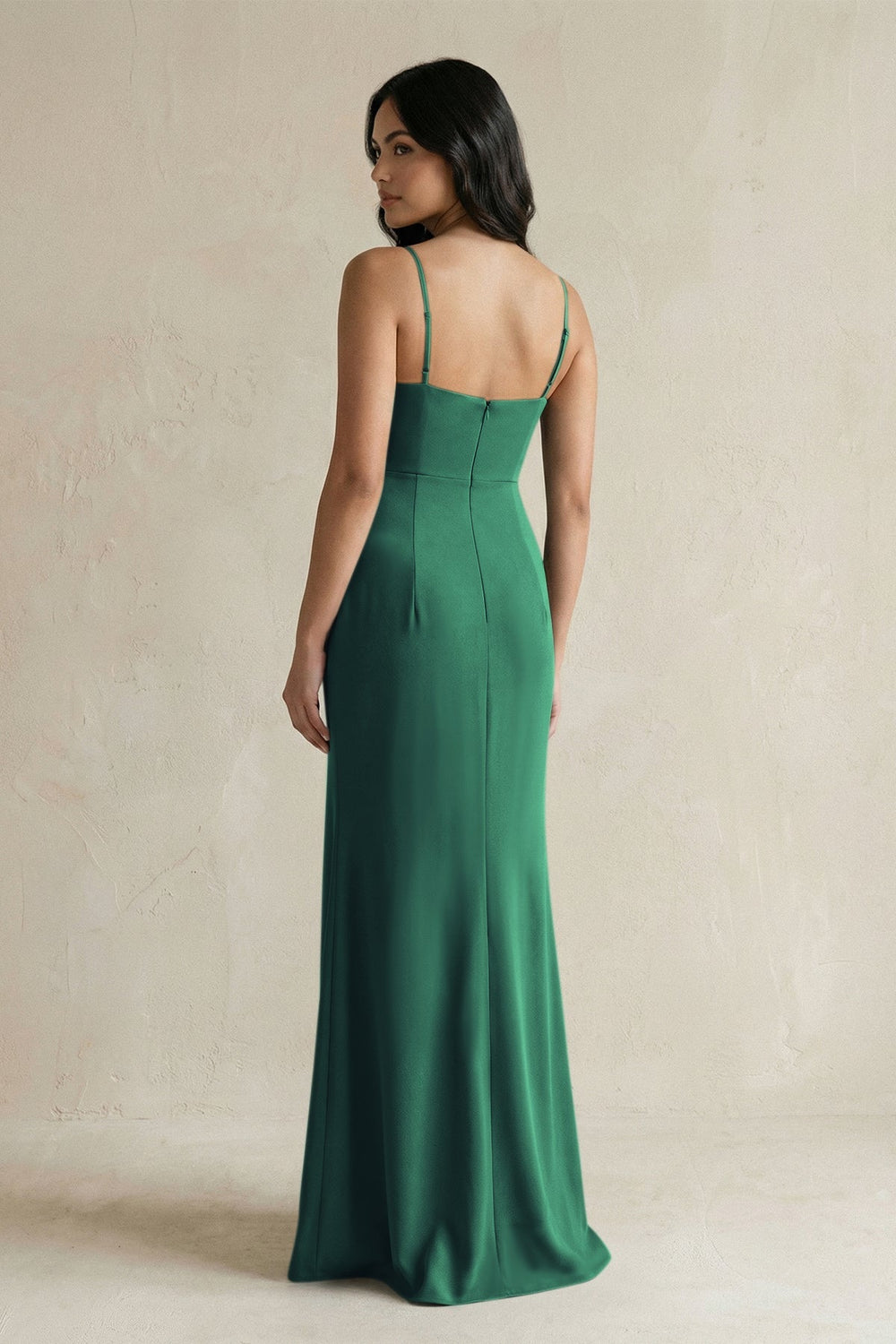 Spaghetti Straps Sheath Stain Bridesmaid Dress With Slit in Dark Green - KissProm Bridesmaid Dresses