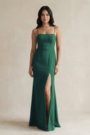 Spaghetti Straps Sheath Stain Bridesmaid Dress With Slit in Dark Green - KissProm Bridesmaid Dresses
