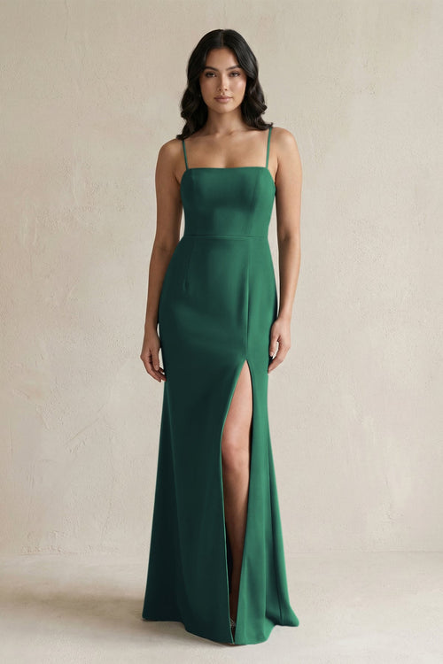 Spaghetti Straps Sheath Stain Bridesmaid Dress With Slit in Dark Green - KissProm Bridesmaid Dresses