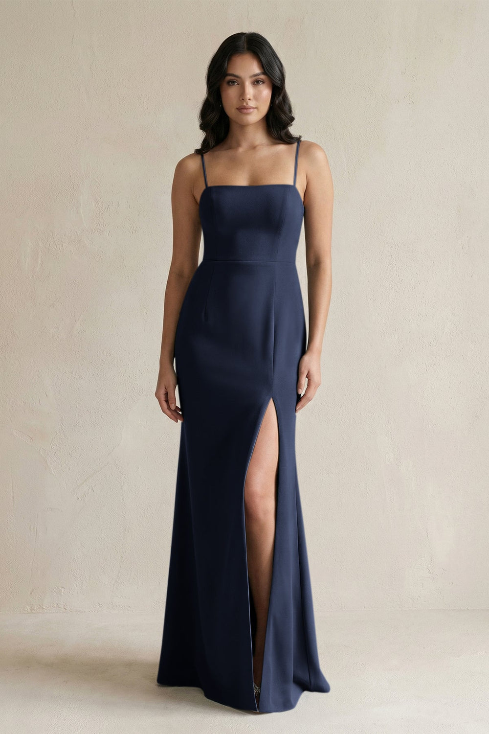 Spaghetti Straps Sheath Stain Bridesmaid Dress With Slit in Dark Navy - KissProm Bridesmaid Dresses