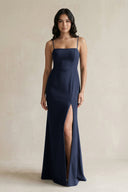 Spaghetti Straps Sheath Stain Bridesmaid Dress With Slit in Dark Navy - KissProm Bridesmaid Dresses