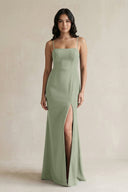 Spaghetti Straps Sheath Stain Bridesmaid Dress With Slit in Dove Gray - KissProm Bridesmaid Dresses