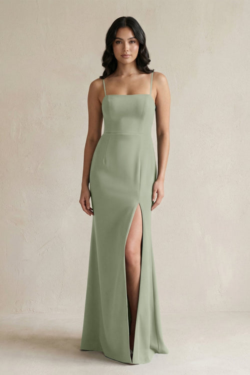 Spaghetti Straps Sheath Stain Bridesmaid Dress With Slit in Dove Gray - KissProm Bridesmaid Dresses