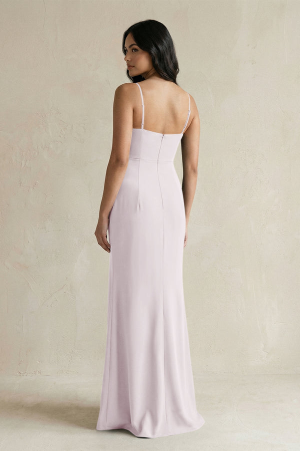 Spaghetti Straps Sheath Stain Bridesmaid Dress With Slit in Dusk - KissProm Bridesmaid Dresses