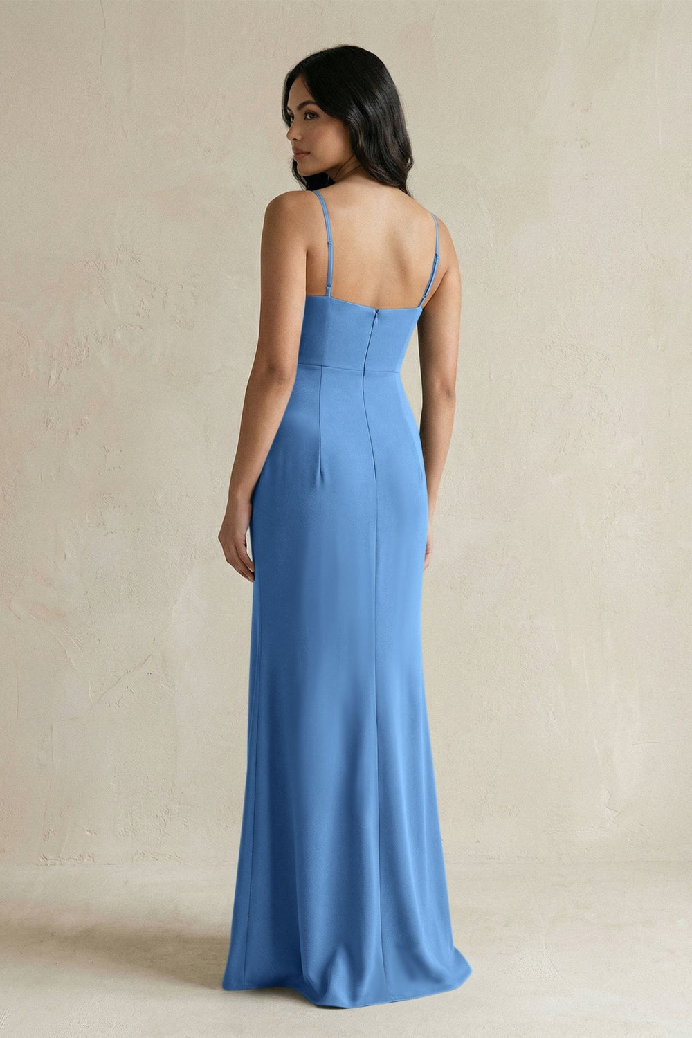 Spaghetti Straps Sheath Stain Bridesmaid Dress With Slit in Dusty Blue - KissProm Bridesmaid Dresses