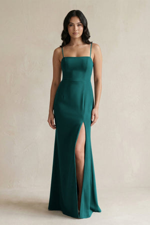 Spaghetti Straps Sheath Stain Bridesmaid Dress With Slit in Emerald - KissProm Bridesmaid Dresses