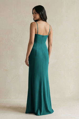Spaghetti Straps Sheath Stain Bridesmaid Dress With Slit in Emerald - KissProm Bridesmaid Dresses