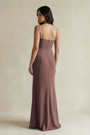 Spaghetti Straps Sheath Stain Bridesmaid Dress With Slit in Espresso - KissProm Bridesmaid Dresses