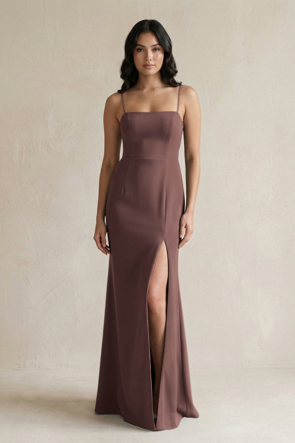 Spaghetti Straps Sheath Stain Bridesmaid Dress With Slit in Espresso - KissProm Bridesmaid Dresses