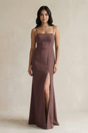 Spaghetti Straps Sheath Stain Bridesmaid Dress With Slit in Espresso - KissProm Bridesmaid Dresses