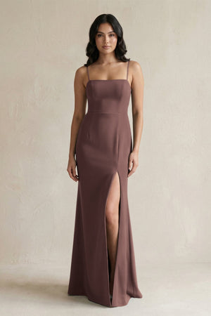 Spaghetti Straps Sheath Stain Bridesmaid Dress With Slit in Espresso - KissProm Bridesmaid Dresses