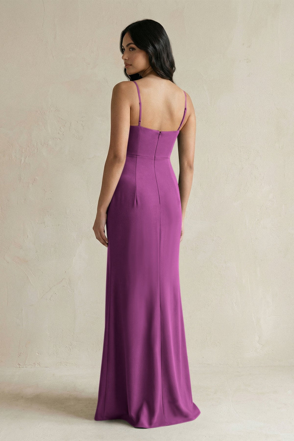 Spaghetti Straps Sheath Stain Bridesmaid Dress With Slit in Fig - KissProm Bridesmaid Dresses