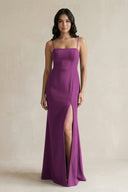 Spaghetti Straps Sheath Stain Bridesmaid Dress With Slit in Fig - KissProm Bridesmaid Dresses