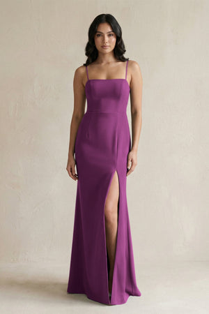 Spaghetti Straps Sheath Stain Bridesmaid Dress With Slit in Fig - KissProm Bridesmaid Dresses