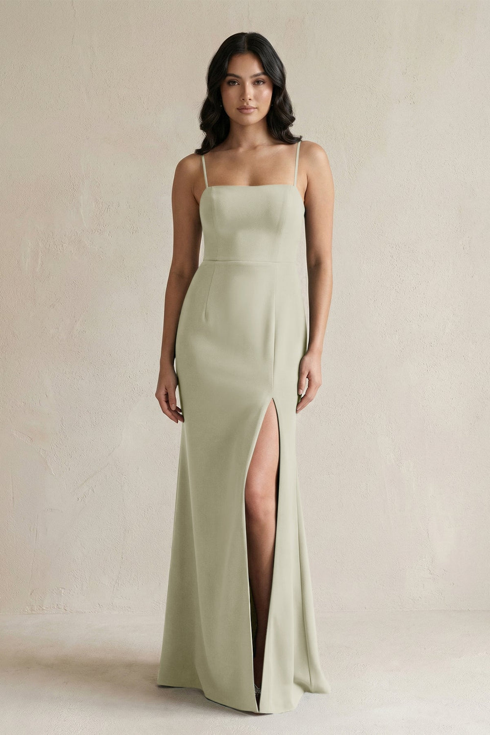 Spaghetti Straps Sheath Stain Bridesmaid Dress With Slit in Frost - KissProm Bridesmaid Dresses