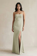 Spaghetti Straps Sheath Stain Bridesmaid Dress With Slit in Frost - KissProm Bridesmaid Dresses