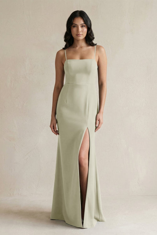 Spaghetti Straps Sheath Stain Bridesmaid Dress With Slit in Frost - KissProm Bridesmaid Dresses