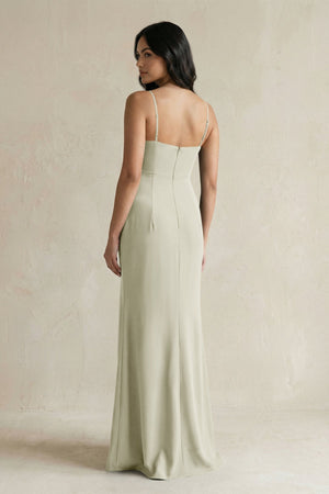Spaghetti Straps Sheath Stain Bridesmaid Dress With Slit in Frost - KissProm Bridesmaid Dresses