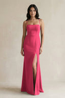 Spaghetti Straps Sheath Stain Bridesmaid Dress With Slit in Fuchsia - KissProm Bridesmaid Dresses