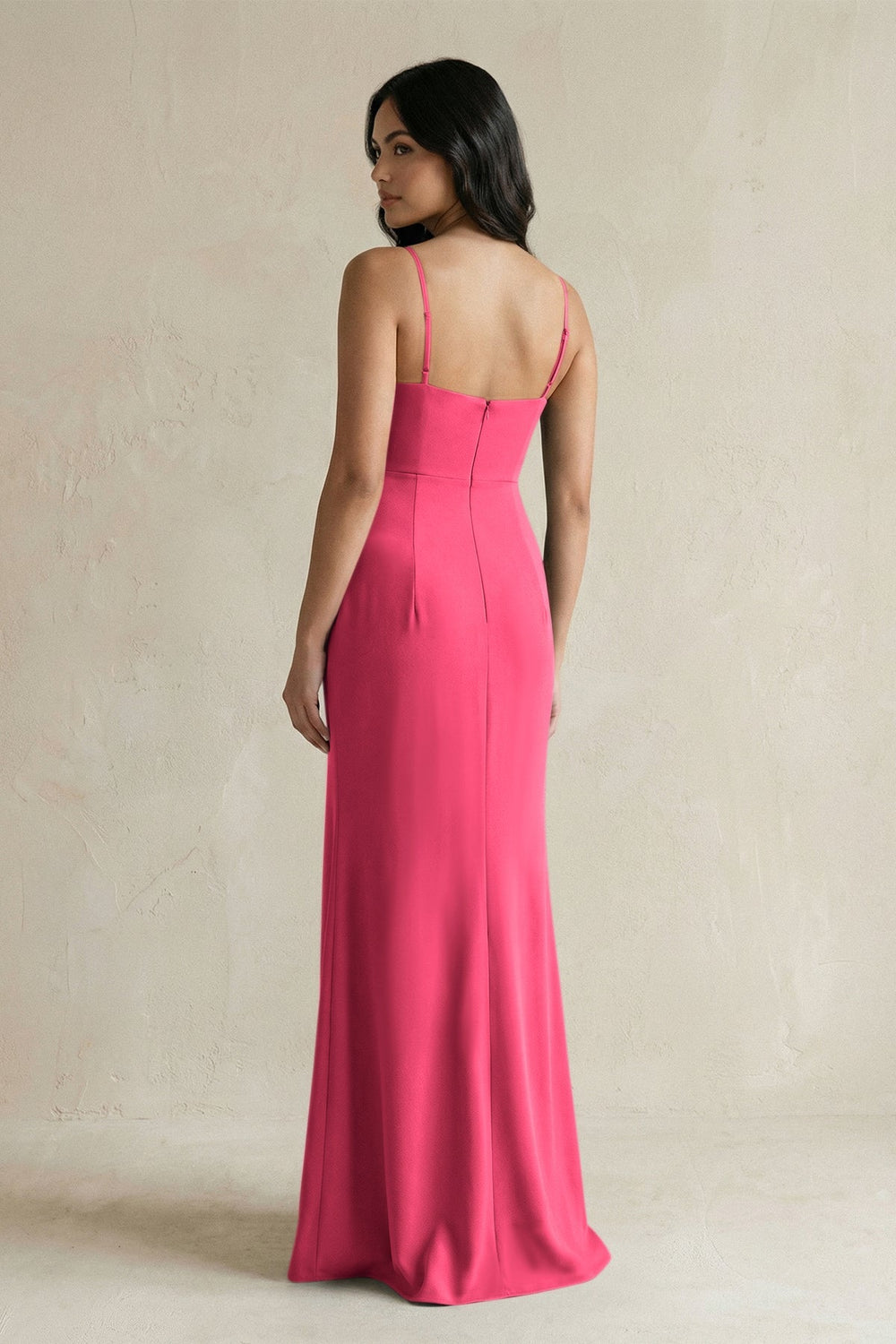 Spaghetti Straps Sheath Stain Bridesmaid Dress With Slit in Fuchsia - KissProm Bridesmaid Dresses