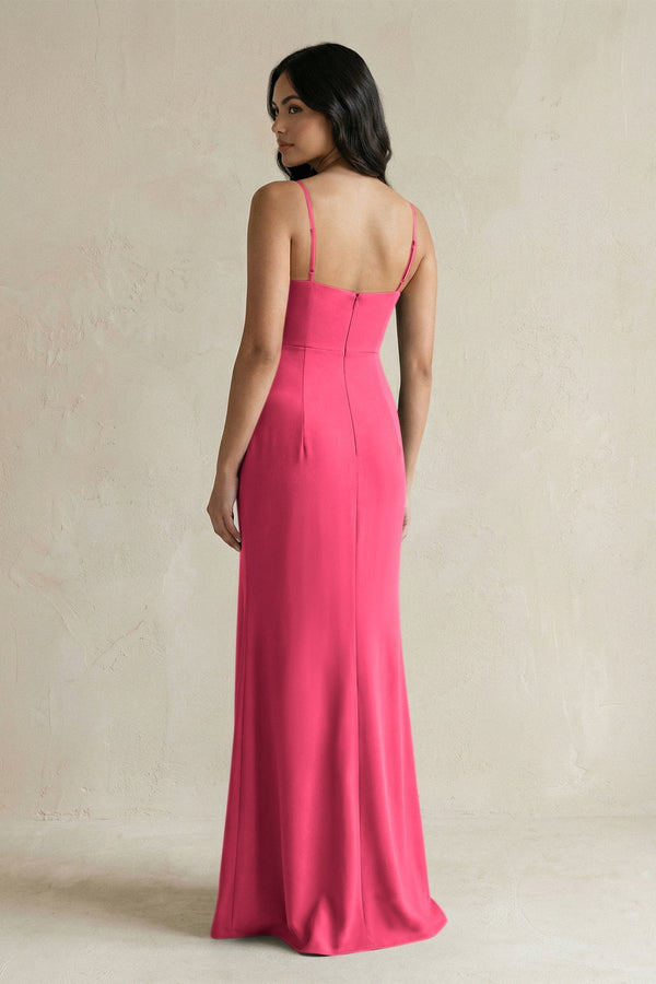 Spaghetti Straps Sheath Stain Bridesmaid Dress With Slit in Fuchsia - KissProm Bridesmaid Dresses