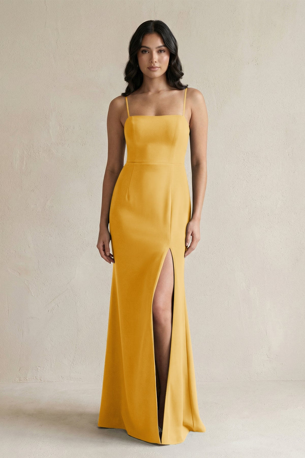 Spaghetti Straps Sheath Stain Bridesmaid Dress With Slit in Gold - KissProm Bridesmaid Dresses