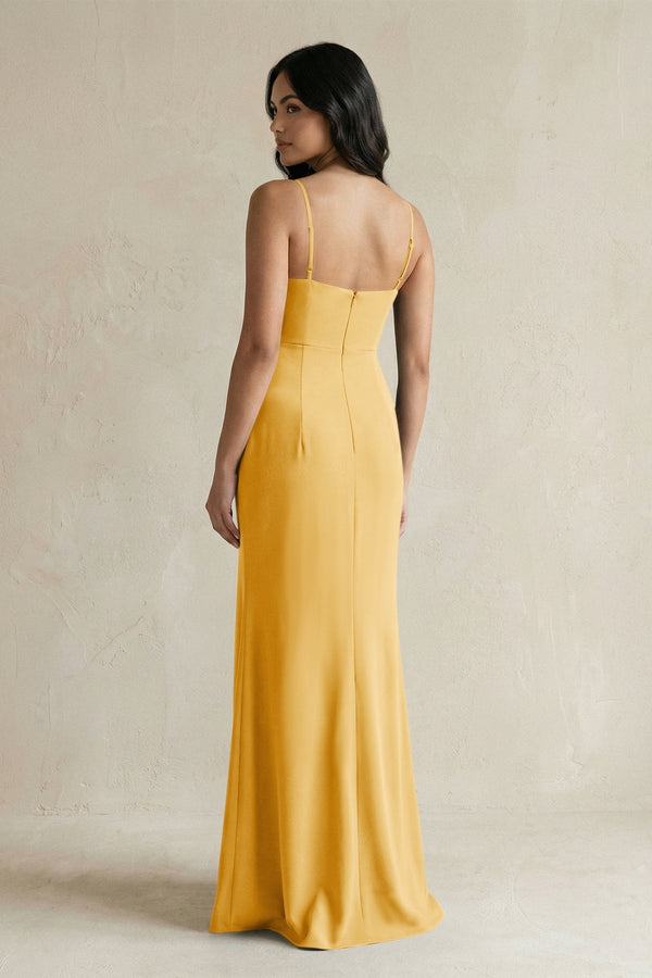 Spaghetti Straps Sheath Stain Bridesmaid Dress With Slit in Gold - KissProm Bridesmaid Dresses
