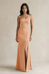 Spaghetti Straps Sheath Stain Bridesmaid Dress With Slit in Golden Champagne - KissProm Bridesmaid Dresses