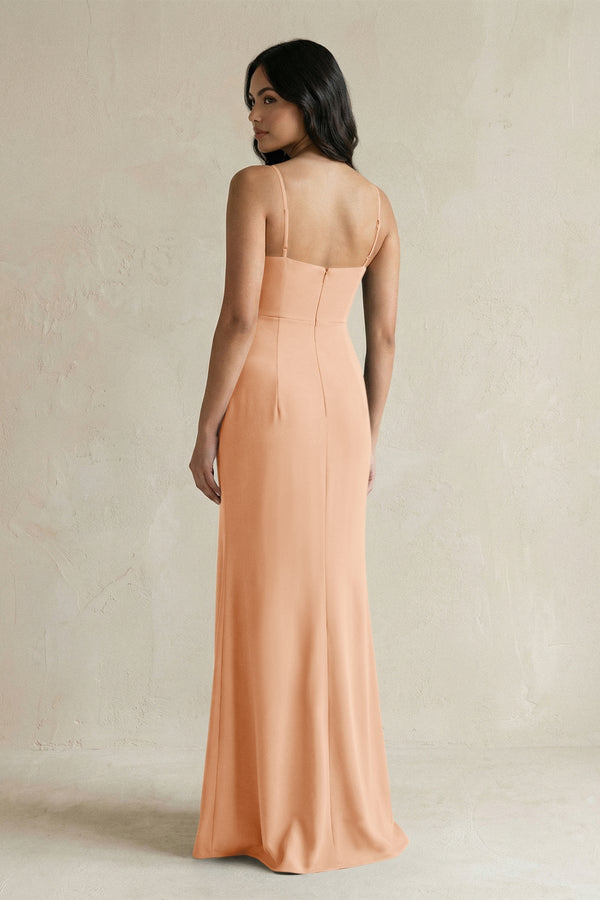 Spaghetti Straps Sheath Stain Bridesmaid Dress With Slit in Golden Champagne - KissProm Bridesmaid Dresses