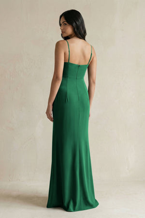Spaghetti Straps Sheath Stain Bridesmaid Dress With Slit in Green - KissProm Bridesmaid Dresses