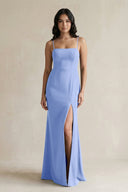 Spaghetti Straps Sheath Stain Bridesmaid Dress With Slit in Ice - KissProm Bridesmaid Dresses