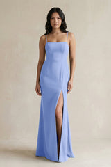 Spaghetti Straps Sheath Stain Bridesmaid Dress With Slit in Ice - KissProm Bridesmaid Dresses