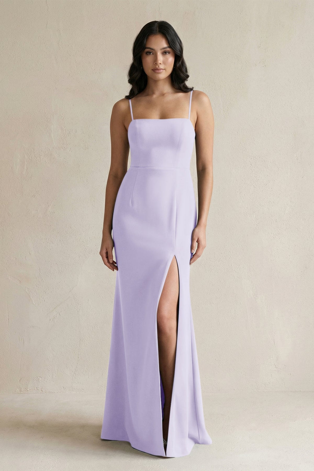Spaghetti Straps Sheath Stain Bridesmaid Dress With Slit in Lavender - KissProm Bridesmaid Dresses