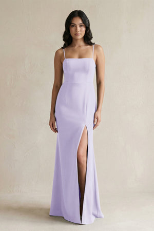 Spaghetti Straps Sheath Stain Bridesmaid Dress With Slit in Lavender - KissProm Bridesmaid Dresses