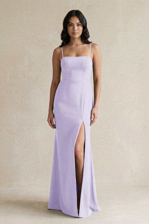 Spaghetti Straps Sheath Stain Bridesmaid Dress With Slit in Lavender - KissProm Bridesmaid Dresses