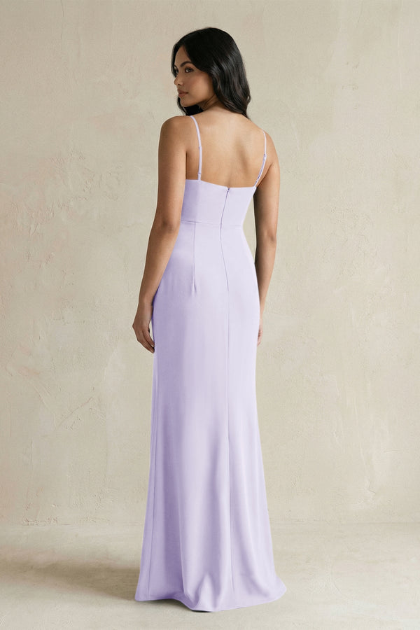 Spaghetti Straps Sheath Stain Bridesmaid Dress With Slit in Lavender - KissProm Bridesmaid Dresses