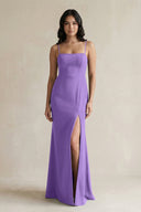 Spaghetti Straps Sheath Stain Bridesmaid Dress With Slit in Lilac - KissProm Bridesmaid Dresses