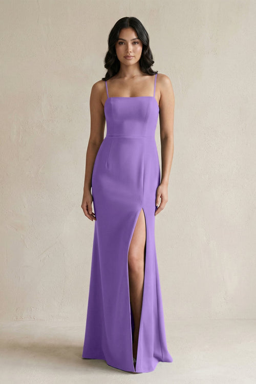 Spaghetti Straps Sheath Stain Bridesmaid Dress With Slit in Lilac - KissProm Bridesmaid Dresses