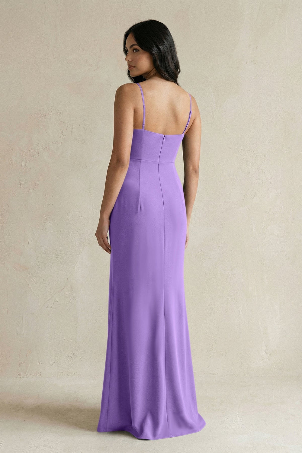 Spaghetti Straps Sheath Stain Bridesmaid Dress With Slit in Lilac - KissProm Bridesmaid Dresses