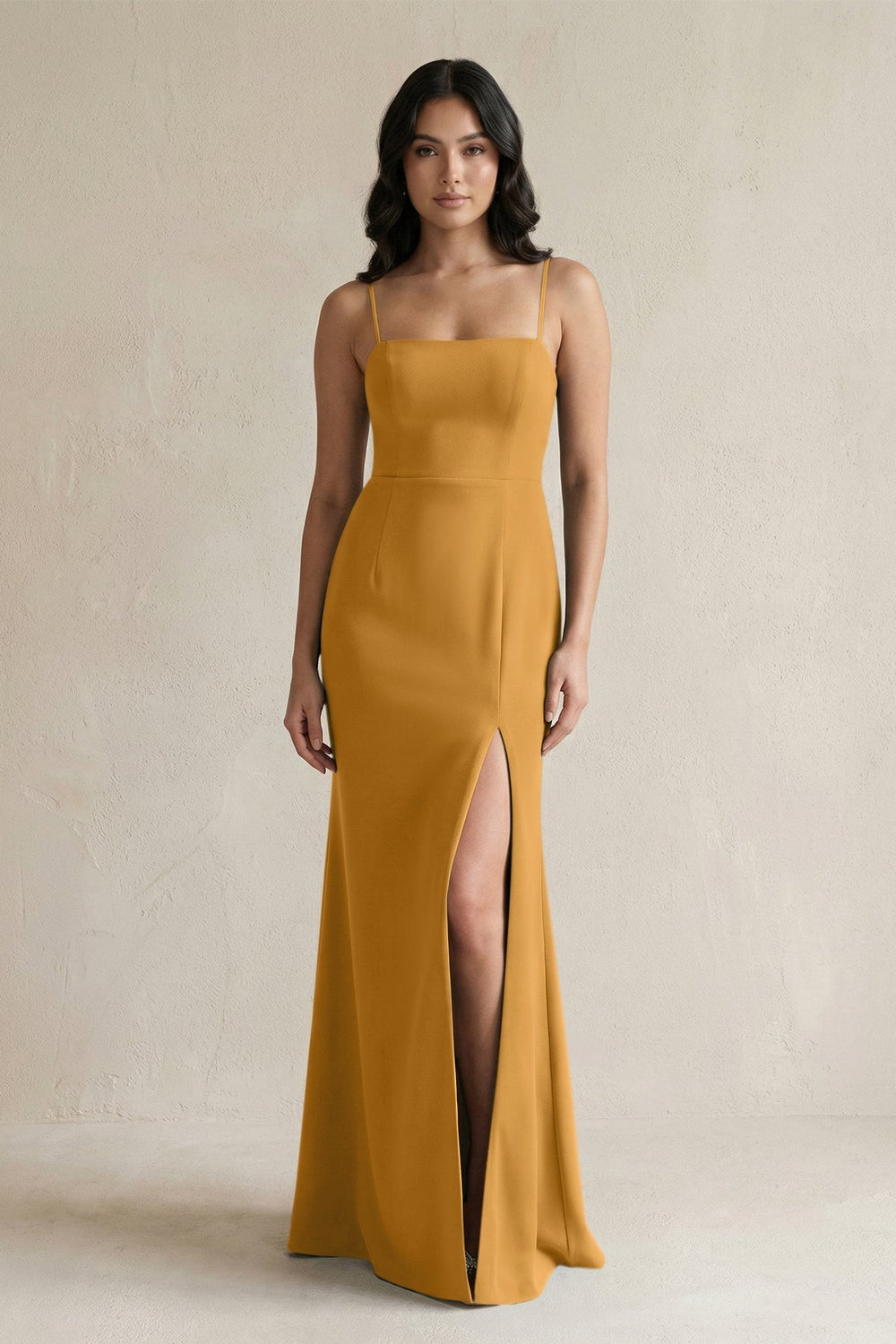 Spaghetti Straps Sheath Stain Bridesmaid Dress With Slit in Marigold - KissProm Bridesmaid Dresses